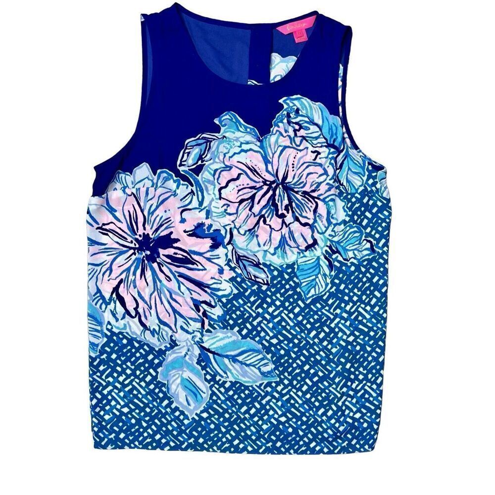 Lilly Pulitzer Iona Top Mr Peacock Blue Plant One on Me Sleeveless Fitted MEDIUM
